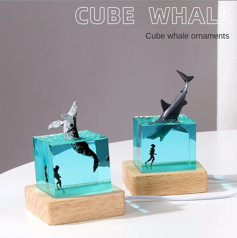 Epoxy Resin Wood Craft Lamp with LED Lights Diver Table Night Light Lamp Special Gifts (Whale, Dolphin, Shark)