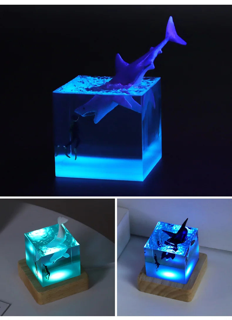 Epoxy Resin Wood Craft Lamp with LED Lights Diver Table Night Light Lamp Special Gifts (Whale, Dolphin, Shark)